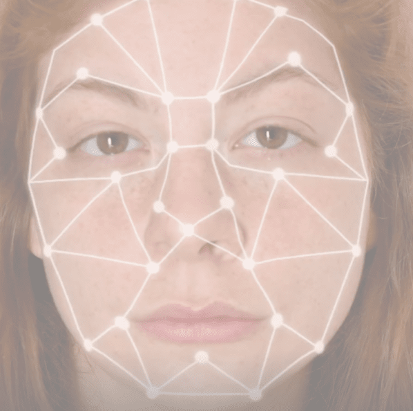 A closeup of a face with an overlay of points mapped out on it.